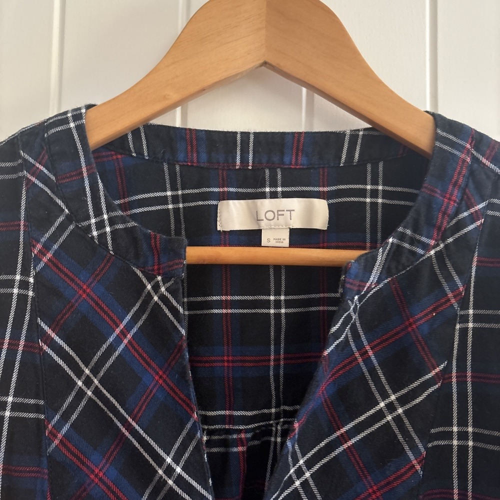 LOFT Plaid Flannel Peasant Blouse Small Navy Red Check Long Sleeve Holiday Top - Picture 2 of 6